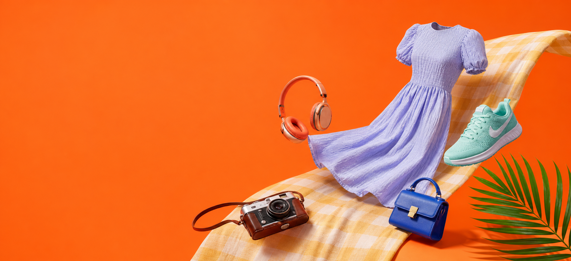 Dress, headphones, camera, bag and sneaker arranged for a sale